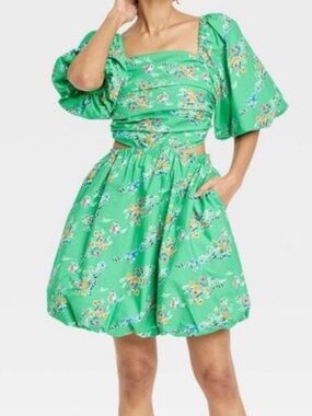 NWOT Green Floral Puff-Sleeve Mini Dress - Size S